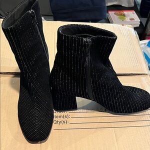 NIB Black and Gold Pinstripe Velvet Ankle Boots
